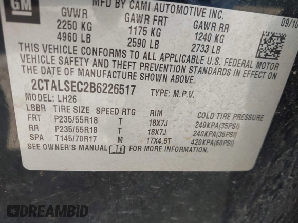 2011 GMC Terrain SLE-2 with VIN 2CTALSEC2B6226517, listed as a IAAI auction lot 42531051 with 244,905 mi miles and . Bid and sale history available at DreamBid. Image 9.