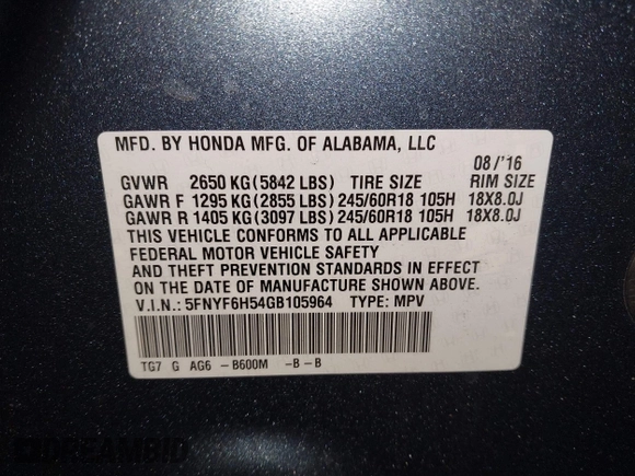 2016 Honda Pilot EX-L with VIN 5FNYF6H54GB105964, listed as a IAAI auction lot 42006560 with 110,466 mi miles. Bid and sale history available at carsss.com. Image 9.