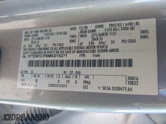 2021 Ford F-150 XL with VIN 1FTEW1CP8MKD15271, listed as a IAAI auction lot 40776398 with Not provided miles and . Bid and sale history available at DreamBid. Image 9.