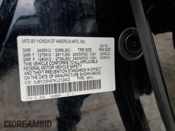 2019 Acura MDX Technology with VIN 5J8YD3H57KL012402, listed as a Copart auction lot 62819745 with 121,979 mi miles and Salvage title. Bid and sale history available at DreamBid. Image 13.
