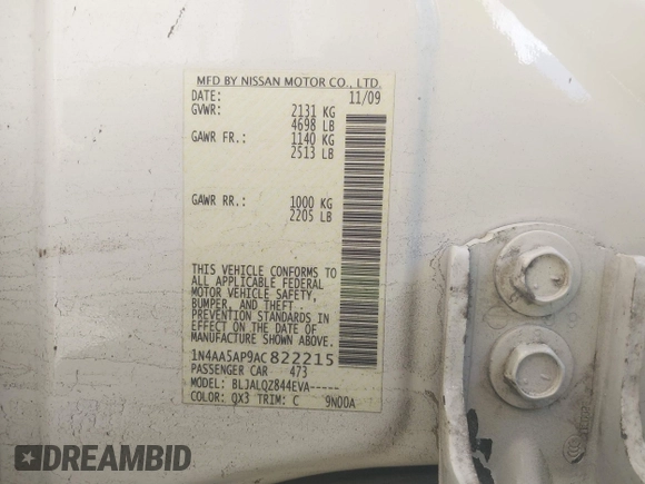 2010 Nissan Maxima SV with VIN 1N4AA5AP9AC822215, listed as a IAAI auction lot 41847782 with Not provided miles and . Bid and sale history available at DreamBid. Image 9.