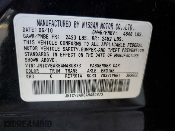 2010 Infiniti G37 x with VIN JN1CV6AR6AM460873, listed as a Copart auction lot 51182505 with 76,578 mi miles and Salvage Title. Bid and sale history available at DreamBid. Image 12.