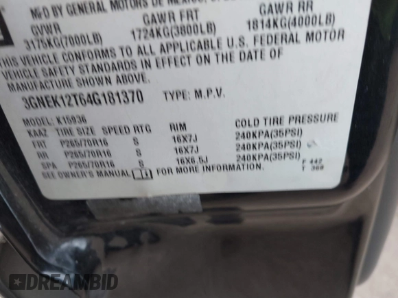 2004 Chevrolet Avalanche z VIN 3GNEK12T64G181370, wystawiony jako IAAI lot #41729410 z przebiegiem 203 633 mil mil oraz . Historia ofert i sprzedaży dostępna na DreamBid. Obrazek 9.