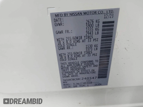 2024 Nissan Pathfinder SV with VIN 5N1DR3BC6RC240547, listed as a IAAI auction lot 42257858 with 13,465 mi miles and . Bid and sale history available at DreamBid. Image 9.