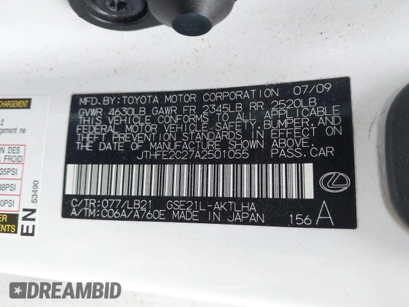 2010 Lexus IS 350 C with VIN JTHFE2C27A2501055, listed as a IAAI auction lot 42149205 with 123,778 mi miles and . Bid and sale history available at DreamBid. Image 9.