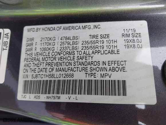 2020 Acura RDX w/Technology Pkg with VIN 5J8TC1H58LL012668, listed as a IAAI auction lot 41736472 with 1 mi miles. Bid and sale history available at carsss.com. Image 9.