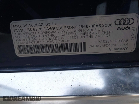 2011 Audi A8 с VIN WAUAVAFD4BN021264, выставлен на аукционе IAAI как лот 41756709 с пробегом 121 390 миль миль и . История ставок и продаж доступна на DreamBid. Изображение 9.