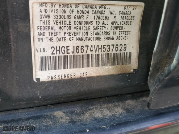 1997 Honda Civic LX with VIN 2HGEJ6674VH537629, listed as a Copart auction lot 49774855 with 227,886 mi miles and Salvage Title. Bid and sale history available at carsss.com. Image 13.