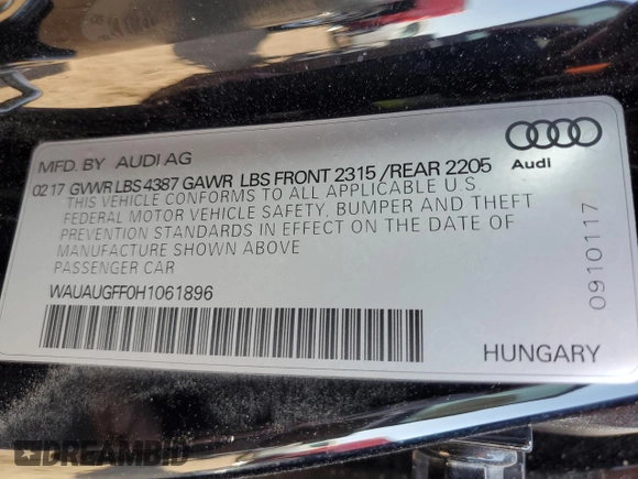 2017 Audi A3 Sedan Premium with VIN WAUAUGFF0H1061896, listed as a Copart auction lot 59902773 with 61,536 mi miles. Bid and sale history available at carsss.com. Image 12.