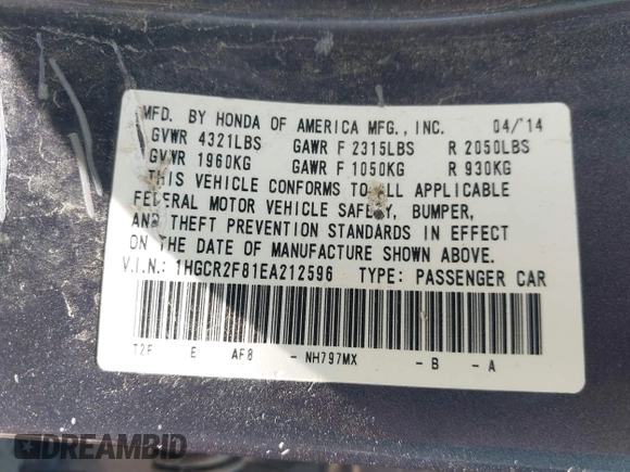2014 Honda Accord EX-L with VIN 1HGCR2F81EA212596, listed as a IAAI auction lot 41959668 with 143,839 mi miles and . Bid and sale history available at carsss.com. Image 9.