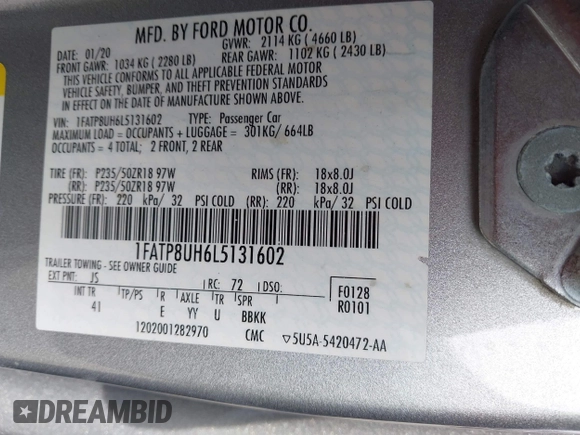 2020 Ford Mustang EcoBoost z VIN 1FATP8UH6L5131602, wystawiony jako IAAI lot #42228919 z przebiegiem 82 807 mil mil oraz . Historia ofert i sprzedaży dostępna na DreamBid. Obrazek 9.