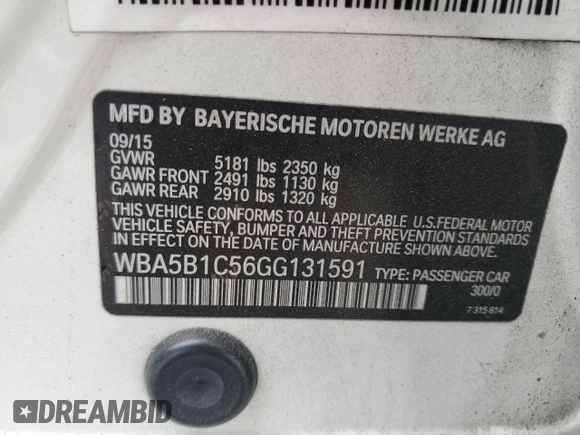2016 BMW 5 Series 535i z VIN WBA5B1C56GG131591, wystawiony jako Copart lot #55777355 z przebiegiem 96 692 mil mil oraz Szkoda całkowita • Salvage title. Historia ofert i sprzedaży dostępna na DreamBid. Obrazek 12.