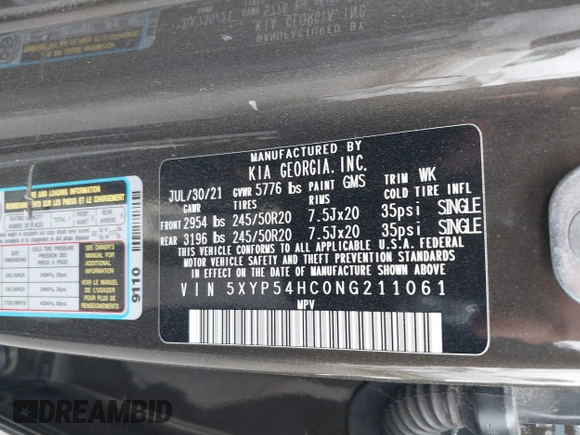 2022 Kia Telluride SX with VIN 5XYP54HC0NG211061, listed as a IAAI auction lot 42337734 with 95,554 mi miles and . Bid and sale history available at DreamBid. Image 9.