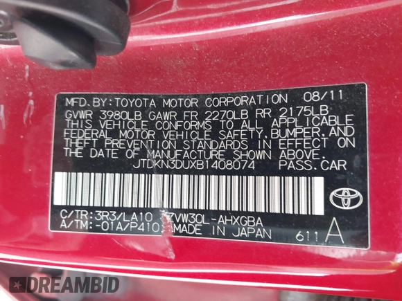2011 Toyota Prius I with VIN JTDKN3DUXB1408074, listed as a IAAI auction lot 41941617 with 240,504 mi miles. Bid and sale history available at carsss.com. Image 9.