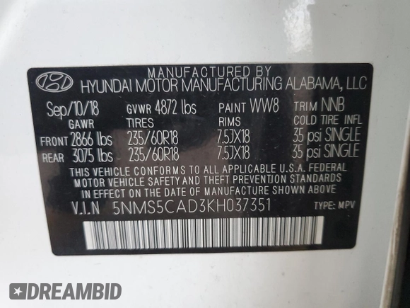 2019 Hyundai Santa Fe Ultimate with VIN 5NMS5CAD3KH037351, listed as a Copart auction lot 84946144 with 80,184 mi miles and Salvage Title. Bid and sale history available at carsss.com. Image 13.