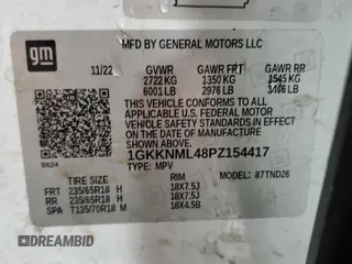 2023 GMC Acadia SLT with VIN 1GKKNML48PZ154417, listed as a Copart auction lot 54381515 with 75,352 mi miles and Clean Title. Bid and sale history available at DreamBid. Image 14.