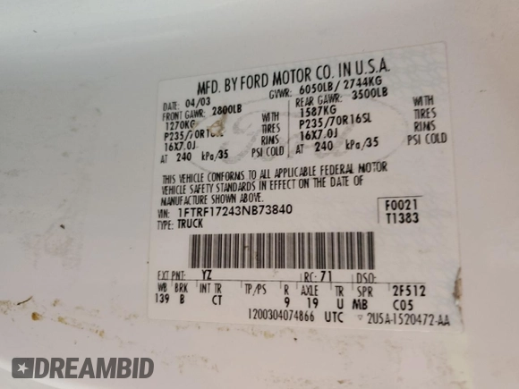 2003 Ford F-150 XL with VIN 1FTRF17243NB73840, listed as a Copart auction lot 58356935 with 332,670 mi miles and Salvage title. Bid and sale history available at DreamBid. Image 12.