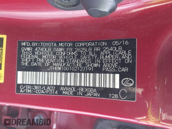 2016 Lexus ES 300h with VIN JTHBW1GG1G2127191, listed as a IAAI auction lot 41895321 with 146,999 mi miles and . Bid and sale history available at DreamBid. Image 9.