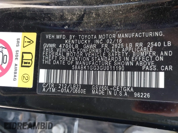 2016 Lexus ES with VIN 58ABK1GG3GU011190, listed as a IAAI auction lot 42081250 with 115,825 mi miles. Bid and sale history available at carsss.com. Image 9.