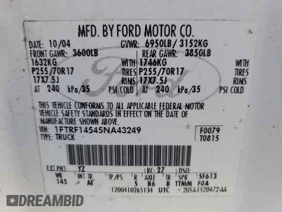 2005 Ford F-150 XL with VIN 1FTRF14545NA43249, listed as a Copart auction lot 88462455 with 141,105 mi miles and Clean title. Bid and sale history available at DreamBid. Image 12.
