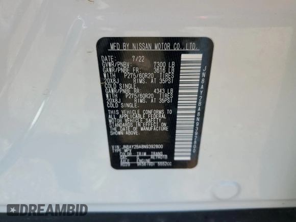 2022 Nissan Armada SL with VIN JN8AY2BA8N9392800, listed as a Copart auction lot 80012624 with 62,475 mi miles and Salvage Title. Bid and sale history available at carsss.com. Image 13.