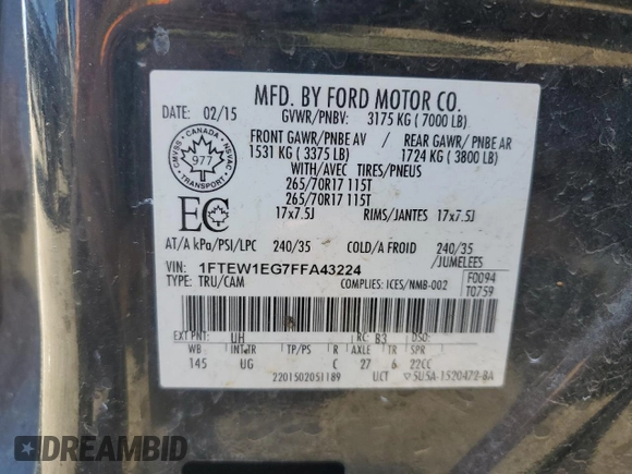 2015 Ford F-150 XLT with VIN 1FTEW1EG7FFA43224, listed as a Copart auction lot 54831665 with 265,723 mi miles and Salvage title. Bid and sale history available at DreamBid. Image 12.