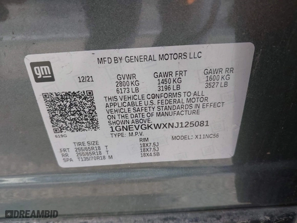 2022 Chevrolet Traverse LT Cloth with VIN 1GNEVGKWXNJ125081, listed as a IAAI auction lot 41920838 with 45,481 mi miles. Bid and sale history available at carsss.com. Image 9.