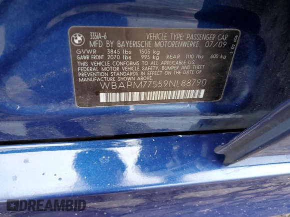 2009 BMW 3 Series 335i с VIN WBAPM77559NL88790, выставлен на аукционе Copart как лот 81788084 с пробегом 124 289 миль миль и Списание • Salvage title. История ставок и продаж доступна на DreamBid. Изображение 14.