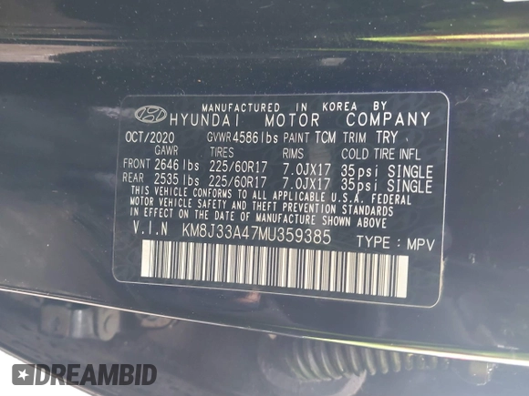 2021 Hyundai Tucson Value with VIN KM8J33A47MU359385, listed as a IAAI auction lot 41878386 with 84,991 mi miles and . Bid and sale history available at DreamBid. Image 9.