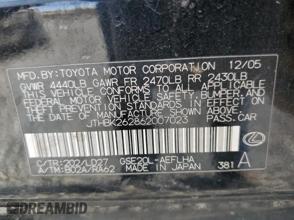 2006 Lexus IS 250 z VIN JTHBK262862007023, wystawiony jako Copart lot #49023485 z przebiegiem 234 463 mil mil oraz Tytuł czysty. Historia ofert i sprzedaży dostępna na DreamBid. Obrazek 12.