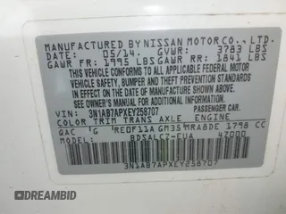 2014 Nissan Sentra SR with VIN 3N1AB7APXEY258707, listed as a IAAI auction lot 42112921 with 137,028 mi miles and . Bid and sale history available at DreamBid. Image 9.