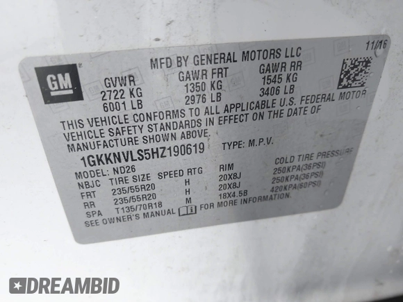 2017 GMC Acadia SLT z VIN 1GKKNVLS5HZ190619, wystawiony jako IAAI lot #42213852 z przebiegiem 108 375 mil mil oraz . Historia ofert i sprzedaży dostępna na DreamBid. Obrazek 9.