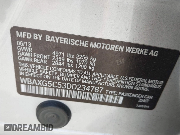 2013 BMW 5 Series 528i with VIN WBAXG5C53DD234787, listed as a IAAI auction lot 41837292 with 93,564 mi miles and . Bid and sale history available at DreamBid. Image 9.