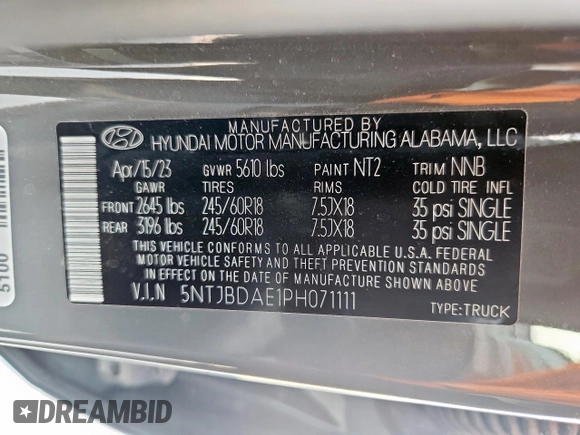 2023 Hyundai Santa Cruz SEL z VIN 5NTJBDAE1PH071111, wystawiony jako Copart lot #59360785 z przebiegiem 8 735 mil mil oraz Czysty tytuł • Clean title. Historia ofert i sprzedaży dostępna na DreamBid. Obrazek 12.