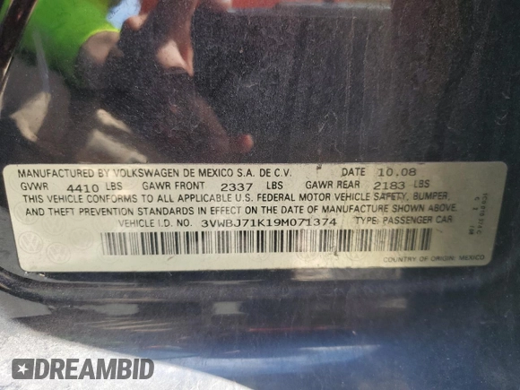 2009 Volkswagen Jetta GLI z VIN 3VWBJ71K19M071374, wystawiony jako Copart lot #77714284 z przebiegiem 61 434 mil mil oraz Szkoda całkowita • Salvage title. Historia ofert i sprzedaży dostępna na DreamBid. Obrazek 12.