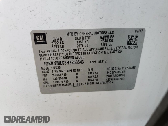 2017 GMC Acadia SLT z VIN 1GKKNMLS8HZ253643, wystawiony jako Copart lot #67242014 z przebiegiem 98 066 mil mil oraz Szkody całkowita. Historia ofert i sprzedaży dostępna na DreamBid. Obrazek 13.