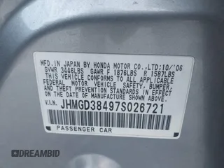 2007 Honda Fit with VIN JHMGD38497S026721, listed as a IAAI auction lot 42799270 with 190,846 mi miles and . Bid and sale history available at DreamBid. Image 9.