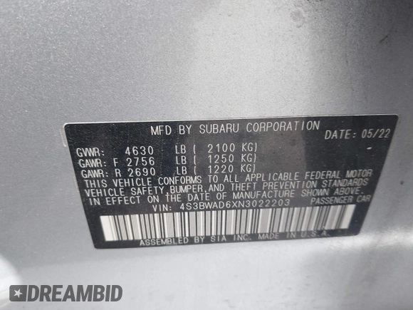 2022 Subaru Legacy Premium z VIN 4S3BWAD6XN3022203, wystawiony jako IAAI lot #42193264 z przebiegiem 58 427 mil mil oraz . Historia ofert i sprzedaży dostępna na DreamBid. Obrazek 9.