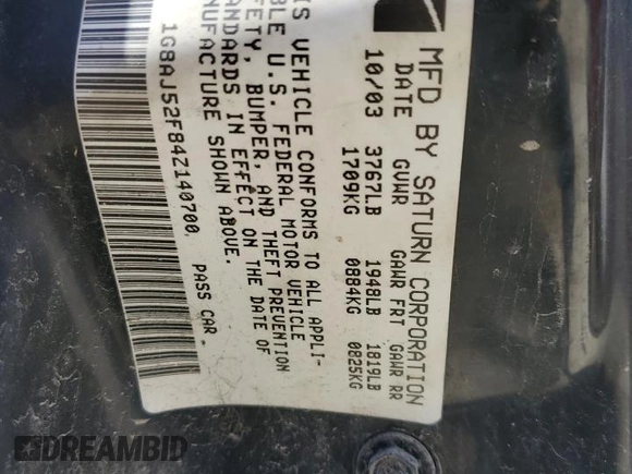 2004 Saturn ION with VIN 1G8AJ52F84Z140700, listed as a Copart auction lot 53233665 with Not Provided miles and Salvage Title. Bid and sale history available at carsss.com. Image 12.