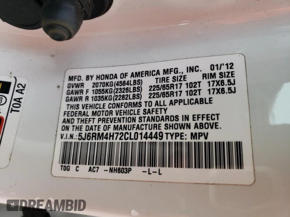 2012 Honda CR-V EX-L with VIN 5J6RM4H72CL014449, listed as a Copart auction lot 50436235 with 161,024 mi miles and Salvage Title. Bid and sale history available at DreamBid. Image 16.