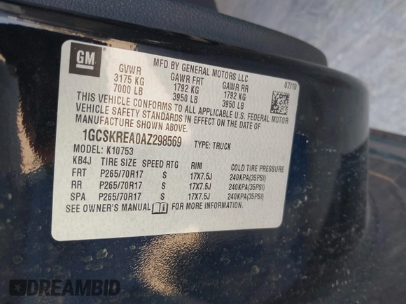 2010 Chevrolet Silverado 1500 LS with VIN 1GCSKREA0AZ298569, listed as a IAAI auction lot 41803894 with 222,614 mi miles and . Bid and sale history available at DreamBid. Image 9.