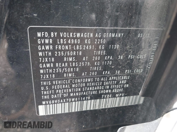 2013 Volkswagen Tiguan S with VIN WVGBV3AX7DW611410, listed as a IAAI auction lot 42549561 with 115,855 mi miles and . Bid and sale history available at DreamBid. Image 9.