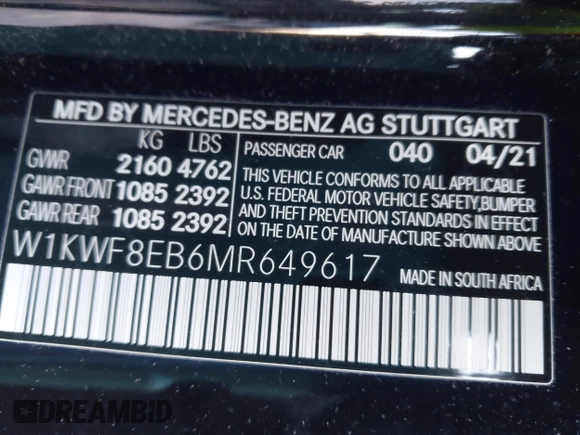 2021 Mercedes-Benz C 300 with VIN W1KWF8EB6MR649617, listed as a IAAI auction lot 41281592 with Not provided miles and . Bid and sale history available at DreamBid. Image 9.