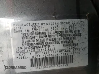 2021 Nissan Versa SV z VIN 3N1CN8EV9ML874764, wystawiony jako Copart lot #45057805 z przebiegiem 87 828 mil mil oraz Szkoda całkowita • Salvage title. Historia ofert i sprzedaży dostępna na DreamBid. Obrazek 14.