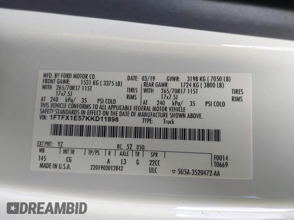 2019 Ford F-150 XL with VIN 1FTFX1E57KKD11898, listed as a IAAI auction lot 42652561 with 137,192 mi miles and . Bid and sale history available at DreamBid. Image 9.