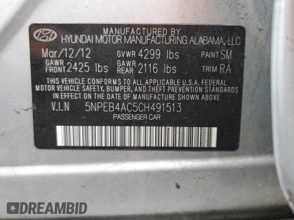 2012 Hyundai Sonata GLS with VIN 5NPEB4AC5CH491513, listed as a Copart auction lot 44609495 with 113,976 mi miles and Salvage Title. Bid and sale history available at carsss.com. Image 13.