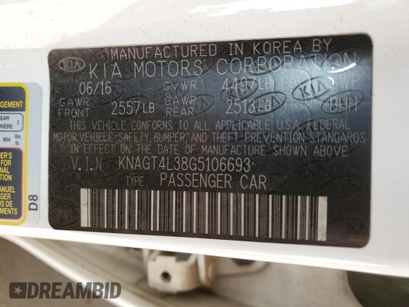 2016 Kia Optima LX with VIN KNAGT4L38G5106693, listed as a Copart auction lot 53914455 with 0 mi miles and Salvage Title. Bid and sale history available at carsss.com. Image 12.