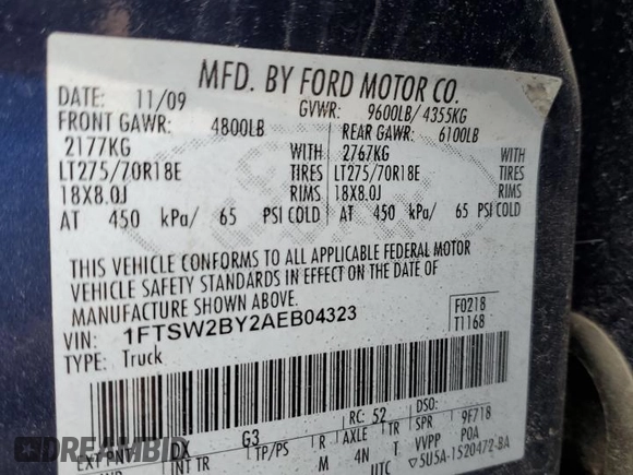 2010 Ford Super Duty F-250 SRW XL with VIN 1FTSW2BY2AEB04323, listed as a Copart auction lot 47951075 with 80,180 mi miles and Salvage Title. Bid and sale history available at carsss.com. Image 14.