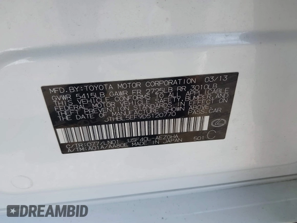 2013 Lexus LS 460 with VIN JTHBL5EF9D5120770, listed as a IAAI auction lot 42238113 with 96,129 mi miles and . Bid and sale history available at DreamBid. Image 9.