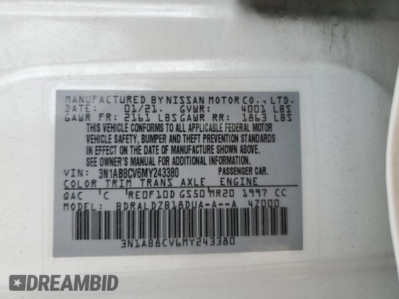 2021 Nissan Sentra SV with VIN 3N1AB8CV6MY243380, listed as a Copart auction lot 50844655 with 48,116 mi miles and Salvage Title. Bid and sale history available at DreamBid. Image 13.